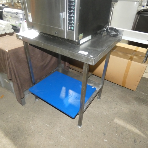 1100 - A stainless steel catering type table with shelf beneath approx 80x66cm and a chopping board