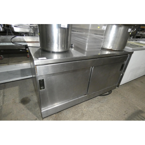 1289 - A commercial stainless steel 2 sliding door heated cabinet with prep top no make or model visible 24... 