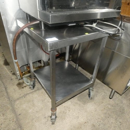 1313 - A commercial stainless steel square catering type table with shelf beneath approx 60x71cm