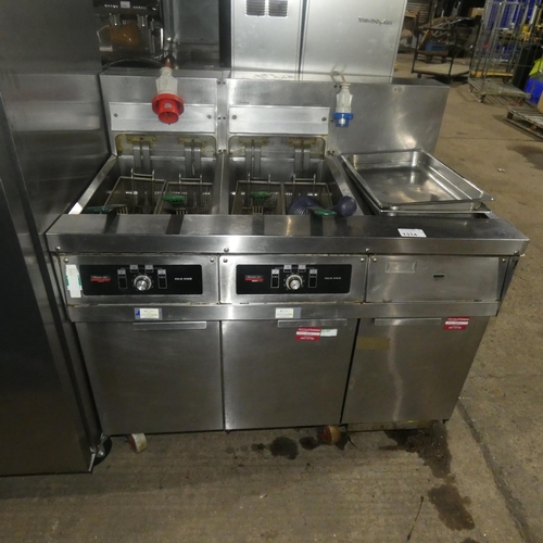 1314 - A commercial stainless steel electric twin deep fryer by Master Jet, type solid state with chip shut... 