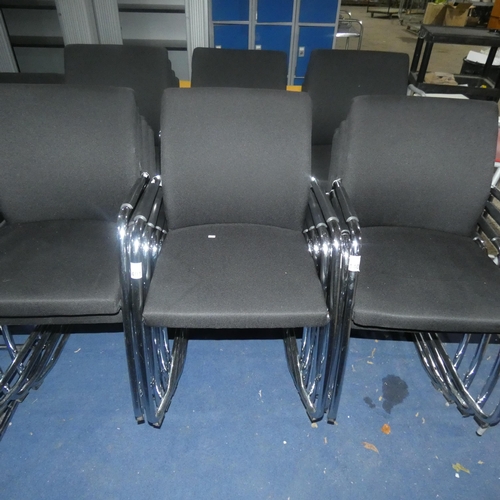 1401 - 8 x chrome framed black upholstered cantilever stacking chairs