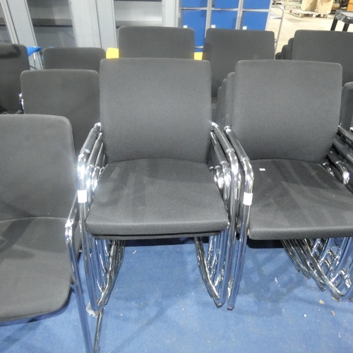 1402 - 8 x chrome framed black upholstered cantilever stacking chairs