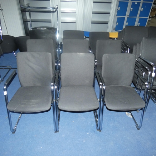 1403 - 10 x chrome framed black upholstered cantilever stacking chairs by Konig & Neurath