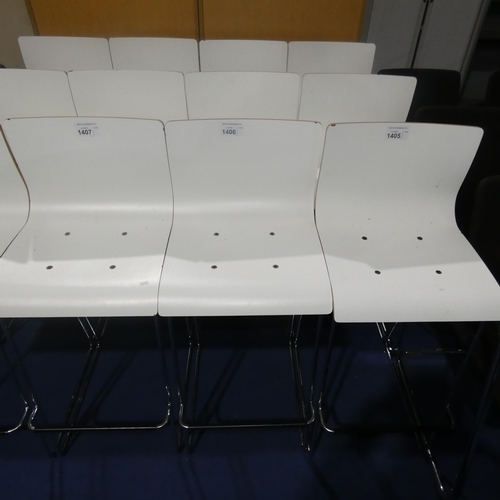 1406 - 3 x metal framed stools by Orangebox each with white bent wood seat pads. Please note that several h... 