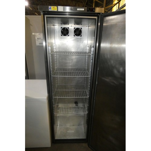 1255 - A commercial stainless steel single door fridge by Foster type HR410 - trade. TESTED WORKING.