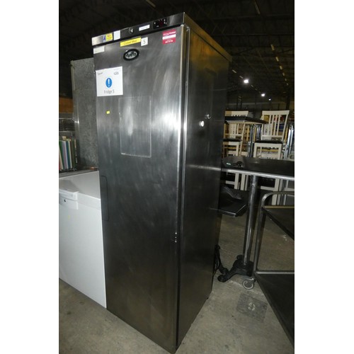 1255 - A commercial stainless steel single door fridge by Foster type HR410 - trade. TESTED WORKING.