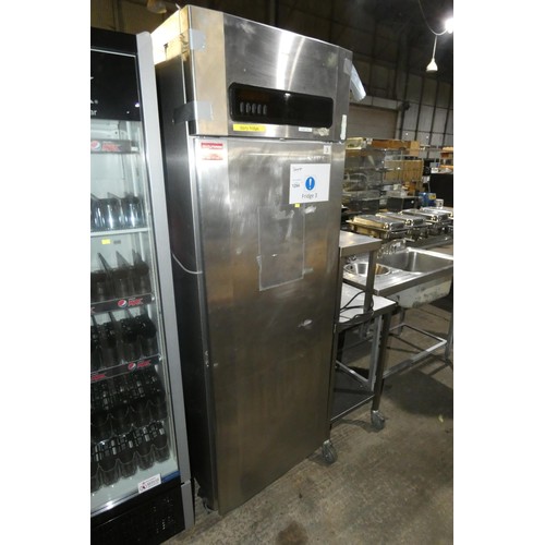 1294 - A tall mobile commercial stainless steel single door fridge no make or model visible approx 70x82x20... 