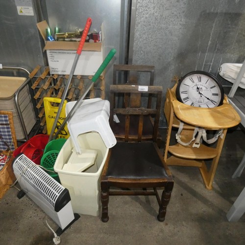 1307 - A quantity of various catering related items including a wooden high chair, clock, 2 old chairs, win... 