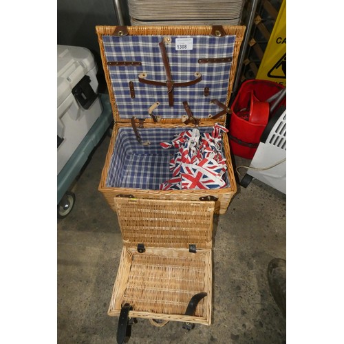 1308 - A large picnic basket with union flag bunting and a smaller wicker basket