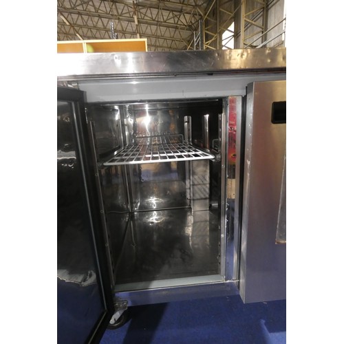 1332 - A mobile commercial stainless steel 2 door bench fridge by Polar no model visible with prep top - tr... 