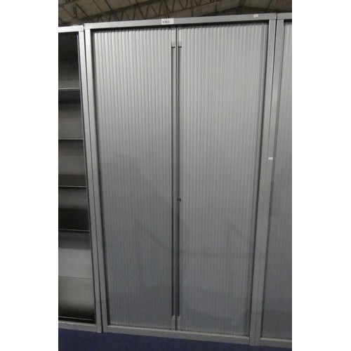 1363 - A silver metal tambour front storage cabinet approx 100cm w x 192cm h x 47cm d