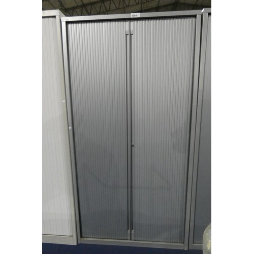 1364 - A silver metal tambour front storage cabinet approx 100cm w x 192cm h x 47cm d