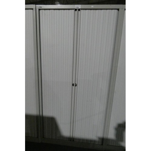 1366 - A grey metal tambour front storage cabinet by Bisley approx 100cm w x 196cm h x 47cm d