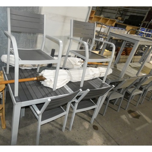 1306 - A large rectangular cafe/garden table approx 156x90cm, 6 X matching chairs, 2 large parasols and one... 