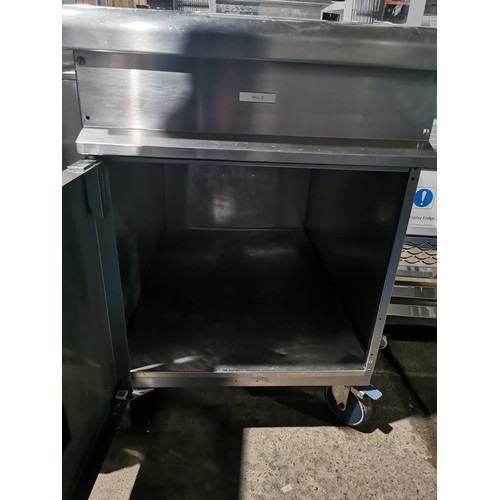 1320 - A mobile commercial stainless steel twin catering type units with cupboard below and prep units abov... 