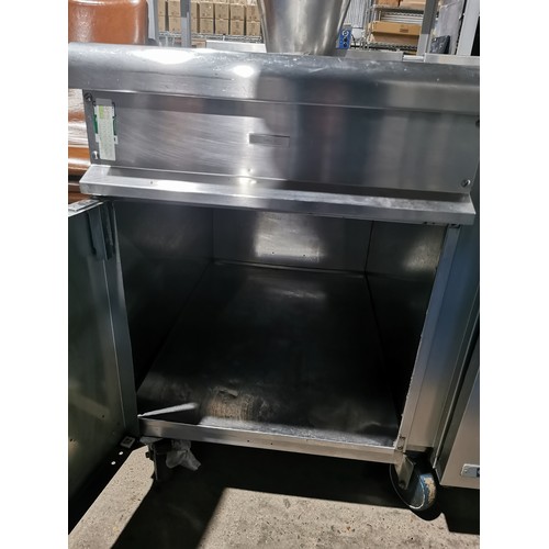 1320 - A mobile commercial stainless steel twin catering type units with cupboard below and prep units abov... 