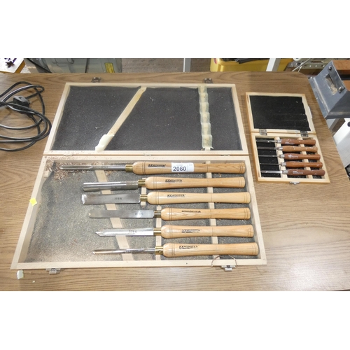 2060 - 1 wooden box containing set of 6 large Axminster wood turning chisels and 1 wooden box containing a ... 