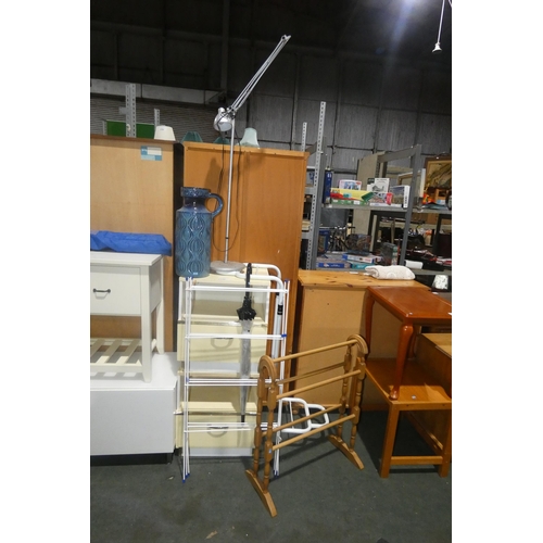 2130 - A quantity of various items including 2 bedside cabinets, a floor lamp 240v, a large blue ceramic va... 