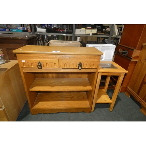 2132 - A small two drawer cabinet with damage to rear top left corner and a small coffee table