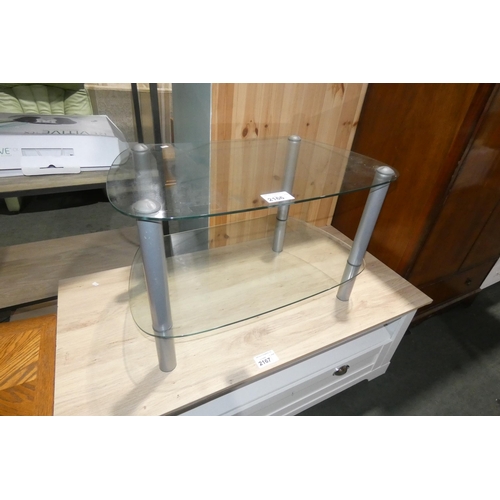 2166 - A two tier glass / metal TV stand approx 74cm wide