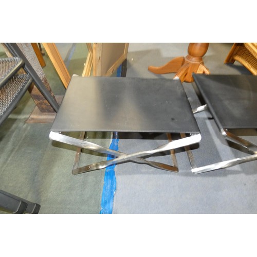 2186 - A steel and black leather folding stool