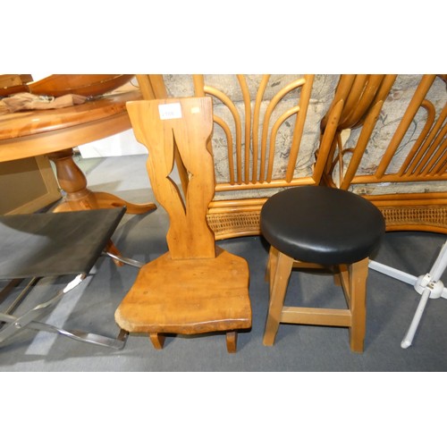 2188 - A hardwood framed stool with dark upholstered seat and a low seat wooden rustic chair