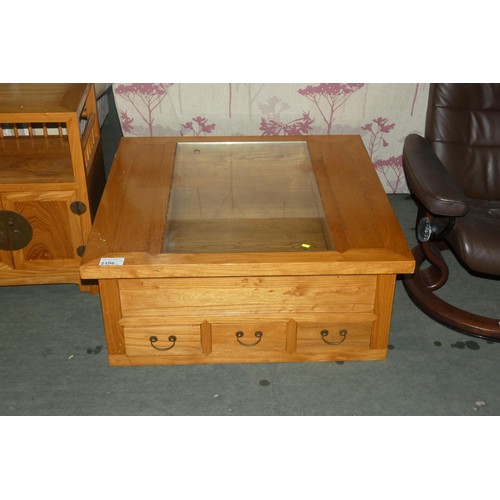 2196 - A Far Eastern style wooden coffee table with part glass top and 6 drawers below approx 91 x 91 x 38c... 