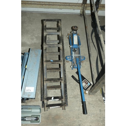 2074 - A Hilka hydraulic trolley jack with handle capacity approx 1820kg, a Clarke 1/2 inch drive torque wr... 