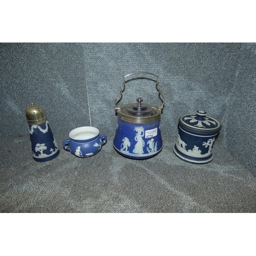 2774 - A blue and white jasperware biscuit barrel and 3 other pieces of blue and white decorative jasperwar... 