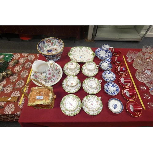 2795 - A cottage ware biscuit barrel, a small floral patterned jug and basin set, an ironstone fruit bowl, ... 