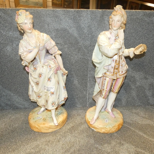 2837 - A pair of decorative continental porcelain figures of an artist and young lady wearing 18th century ... 