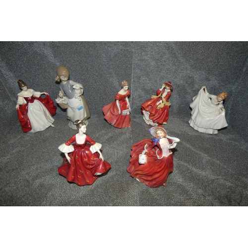 2846 - A Lladro figure of a shepherdess and six Royal Doulton figurines; Sara, Winsome, Pamela, Autumn Bree... 