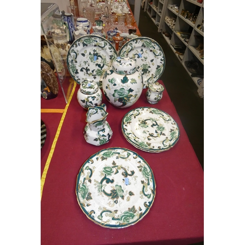 2860 - A quantity of green and white floral patterned Mason's ware including; plates, jug & ginger jar etc.