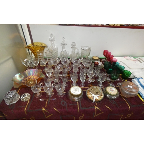 2874 - 3 glass decanters and quantity of miscellaneous decorative coloured and plain glassware