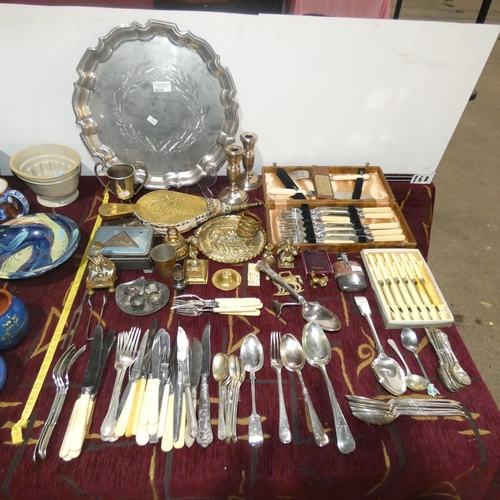 2878 - A quantity of miscellaneous decorative brass ware, silver-plated ware and cutlery etc