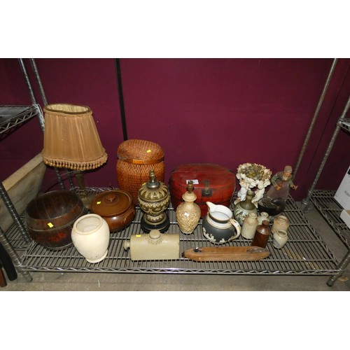 2915 - A vintage oval wooden box with a lift lid, 3 vintage table lamps, a stoneware hot water bottle and a... 