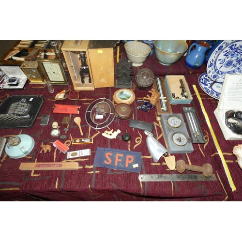 2879 - A small microscope in a wooden box by Tower, a vintage Bakelite tea caddie, several small clocks and... 