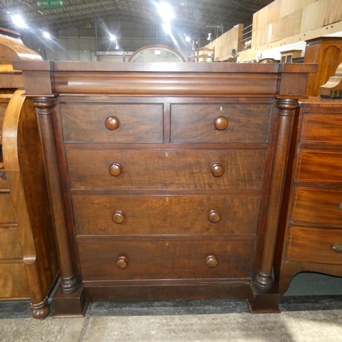 3064 - A 19th Century mahogany flat front chest of 2 short and 3 long drawers with turned knobs and side co... 