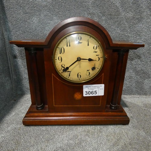 3065 - An Edwardian inlaid mahogany mantel clock with side columns