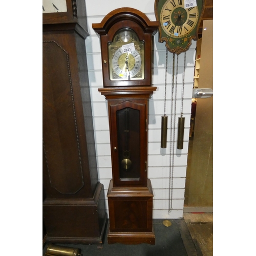 2921 - A reproduction mahogany cased grandmother clock with a brass decorated dial