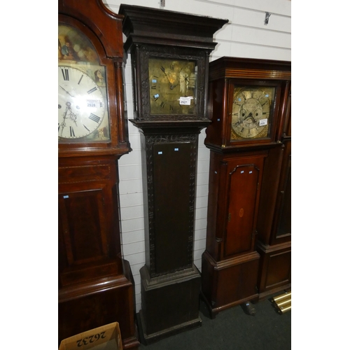 2927 - A 19th Century carved oak cased grandfather clock with a square brass decorated face and a 30 hour m... 