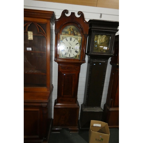 2928 - A nineteenth century mahogany cased grandfather clock with swan neck cresting, a decorative painted ... 