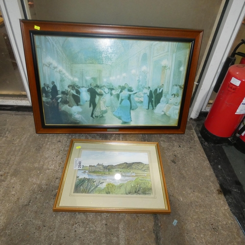 2940 - A framed coloured ballroom print and a framed watercolour of a Country House