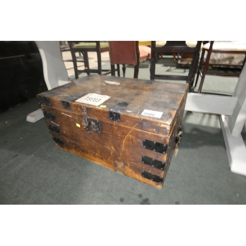 2980 - A metal bound pine storage box with a lift lid