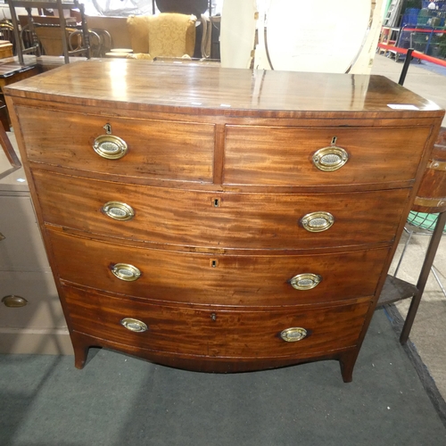 2998 - A 19th Century mahogany bow front chest of 2 short and 3 long drawers with oval brass drop handles, ... 