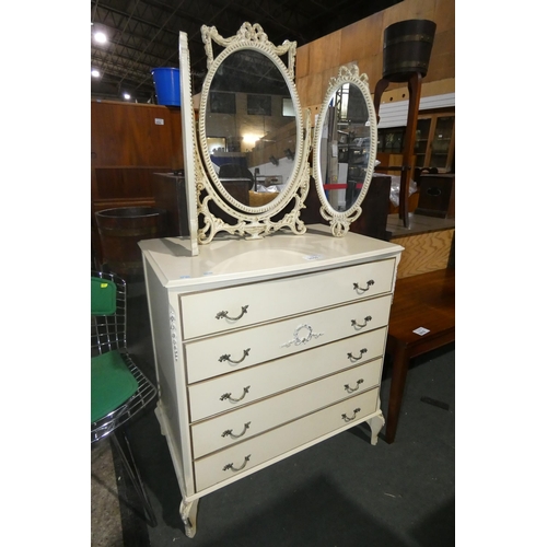 3011 - A cream and gilt decorated bedroom chest of 5 drawers approximately 79cm wide and a matching triple ... 