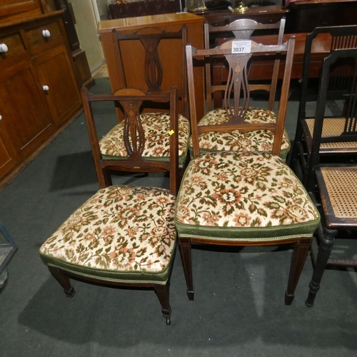 3037 - 4 similar Edwardian inlaid mahogany bedroom chairs with floral upholstered seats