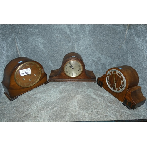 3060 - Three wooden cased domed top mantel clocks