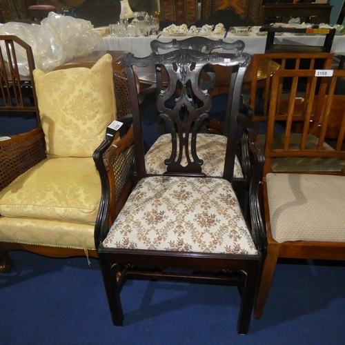 3169 - A pair of dark mahogany Chippendale style Carver chairs with tapestry seats