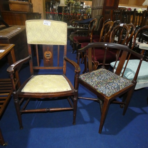 3175 - An Edwardian inlaid mahogany corner elbow chair with a tapestry seat and an elbow chair with yellow ... 